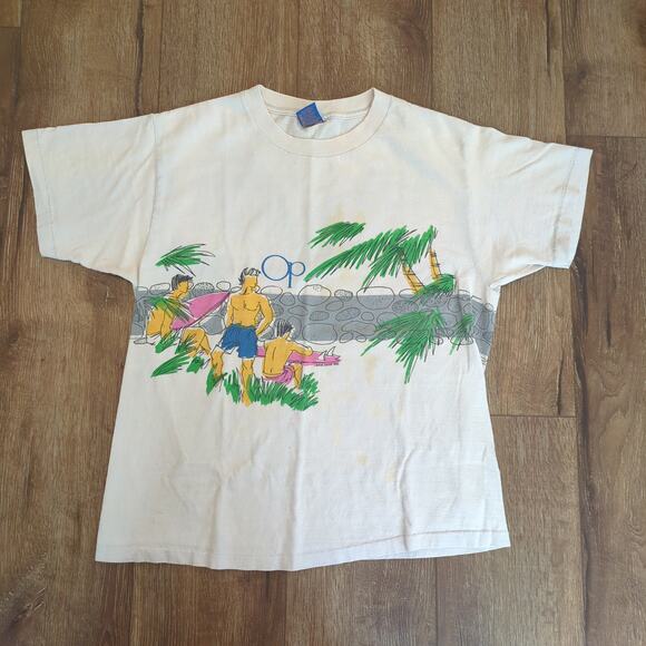 VTG Ocean Pacific OP Men Large Shirt Surf AOP Beach Palm Tree Cali USA 90s - Picture 1 of 10